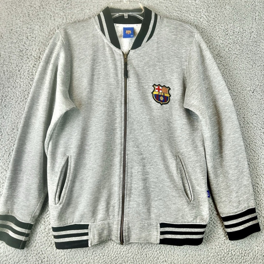 FC Barcelona Barca Varsity Jacket Mens Small Gray Tech‎ Fleece Full Zip